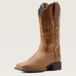 Ariat Women's 11" Embossed Round Up Square Toe Western Boot - Bare Brown 10044431