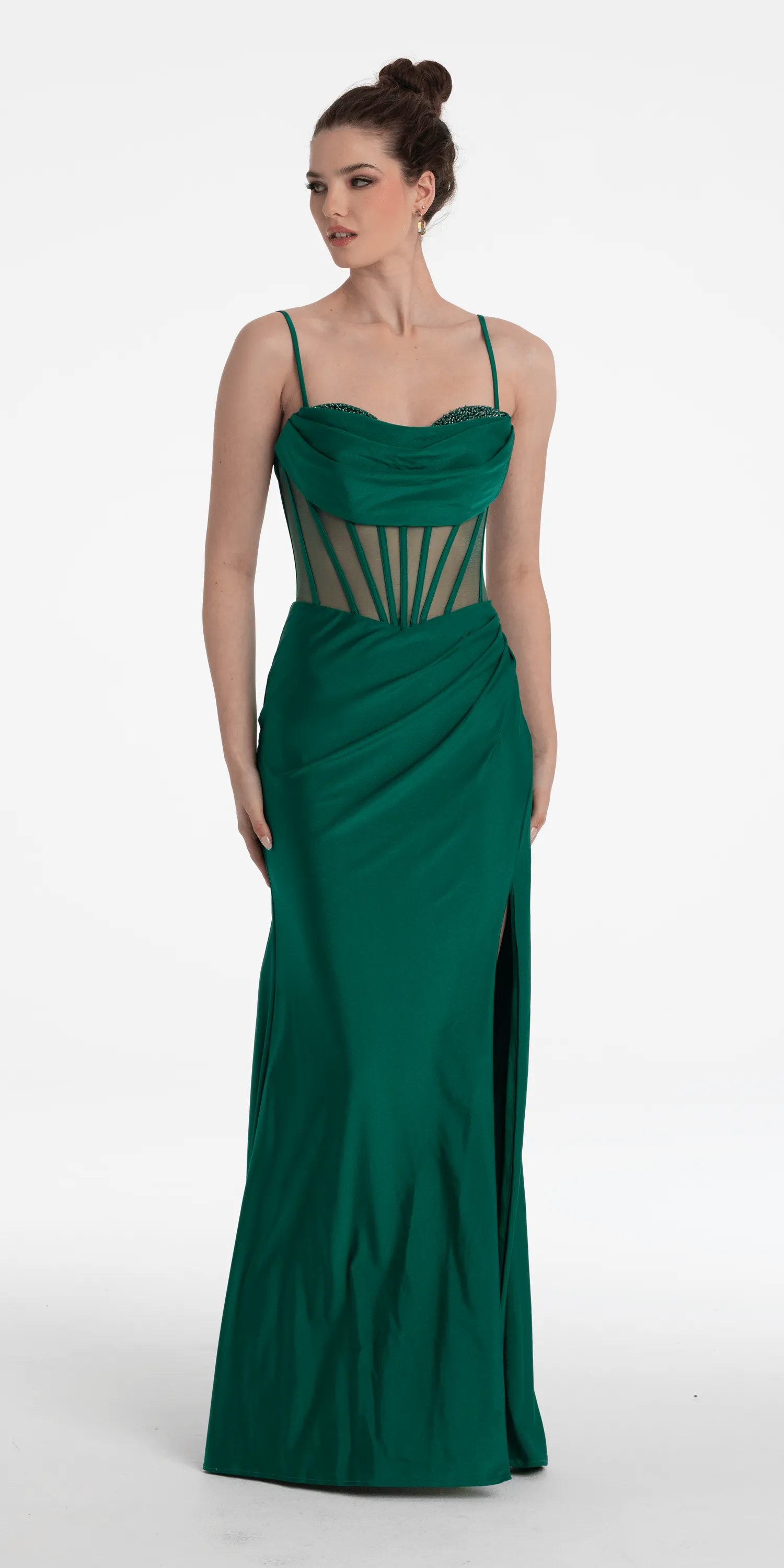 Beaded Drape Corset Stretch Satin Column Dress