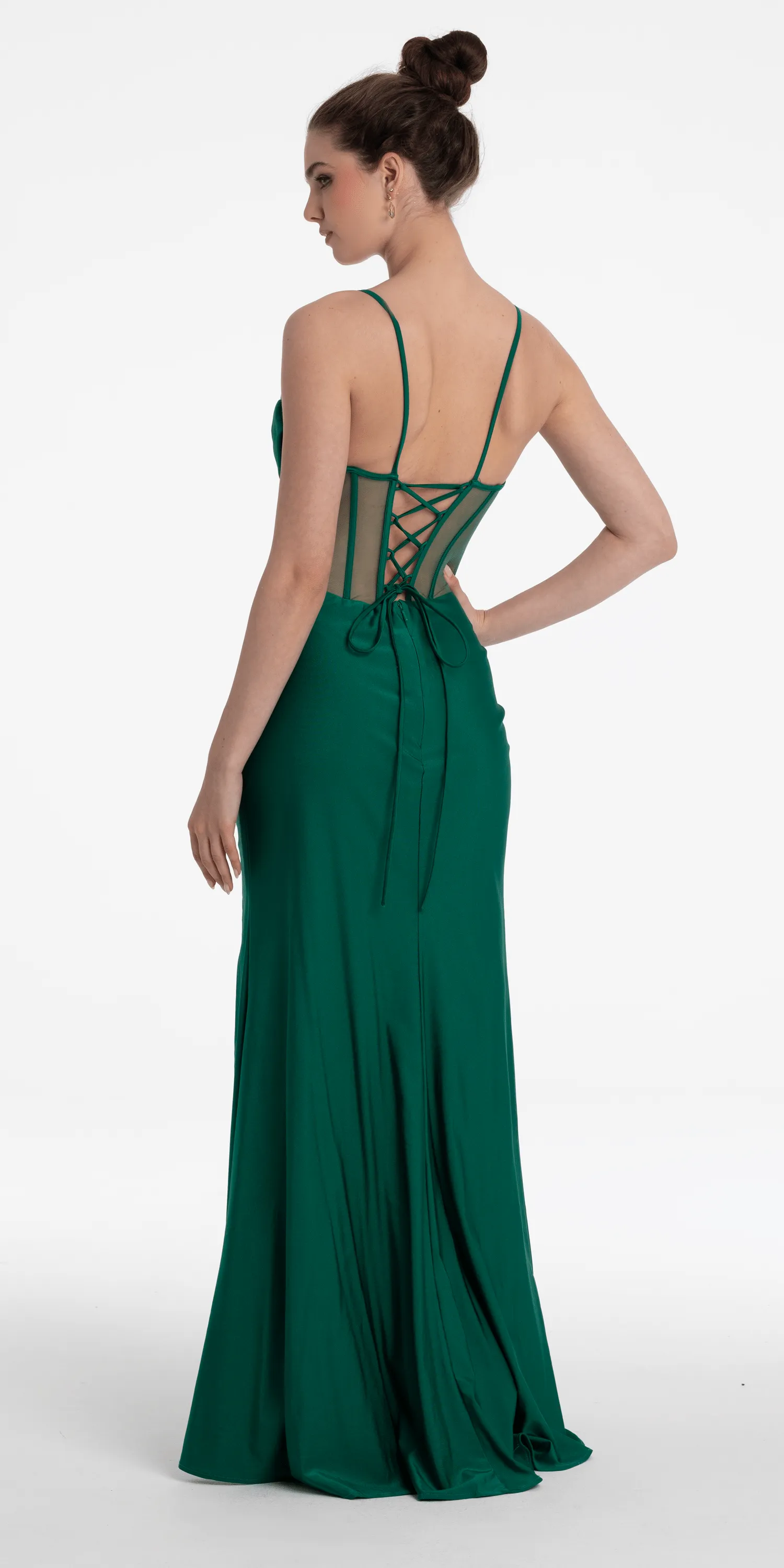 Beaded Drape Corset Stretch Satin Column Dress