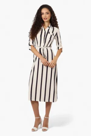 Beechers Brook Belted Striped Roll Up Sleeve Maxi Dress - White