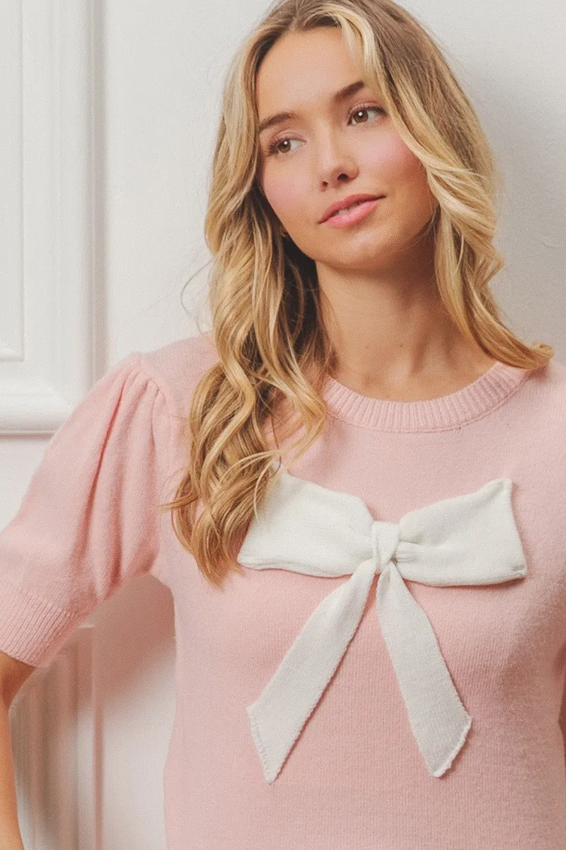 BiBi Lightweight Knit Sweater with Bow Patch in Pink