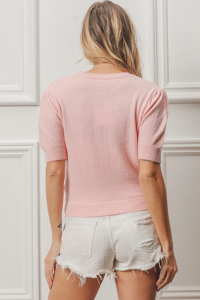 BiBi Lightweight Knit Sweater with Bow Patch in Pink