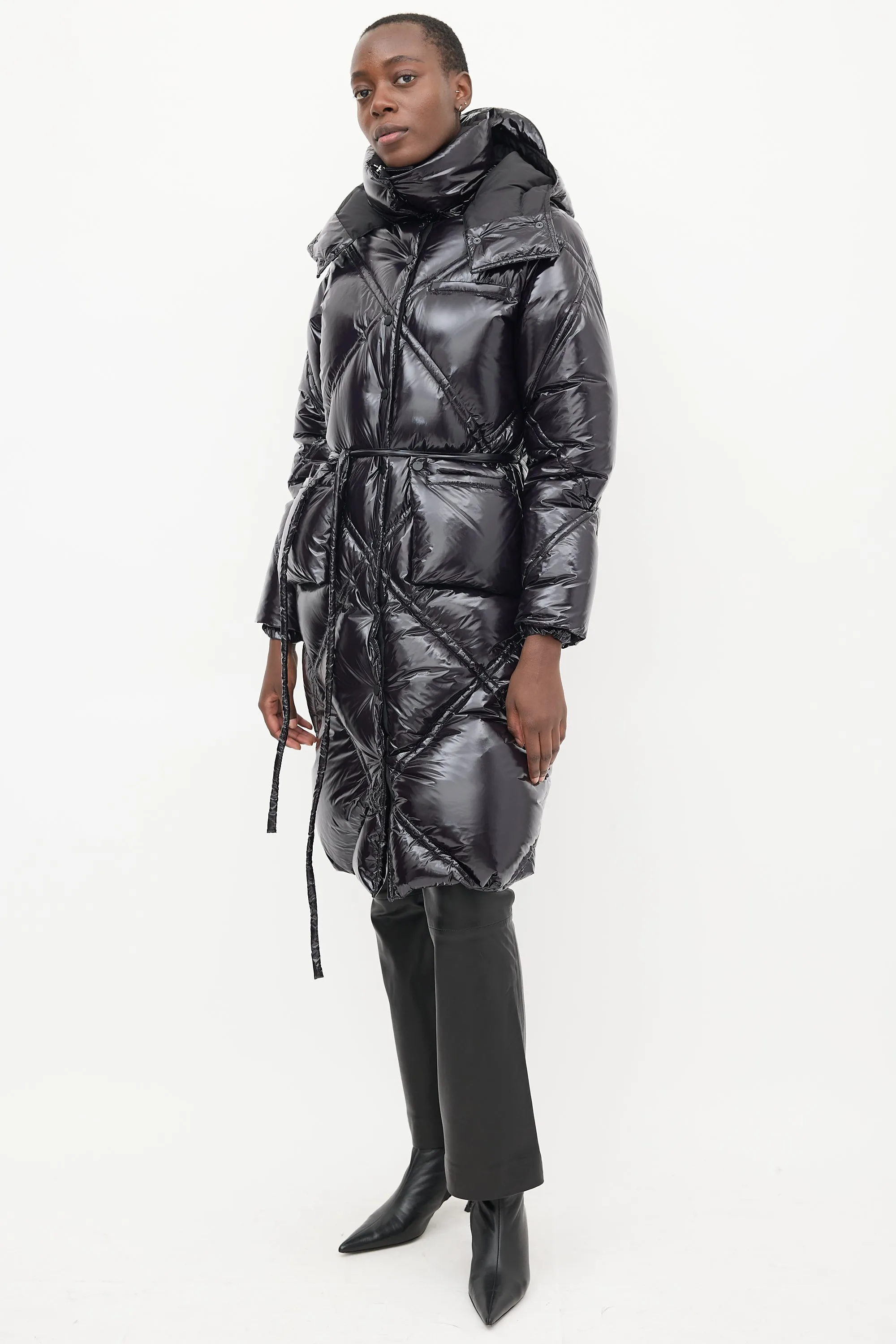 Black Shiny Quilted Down Coat