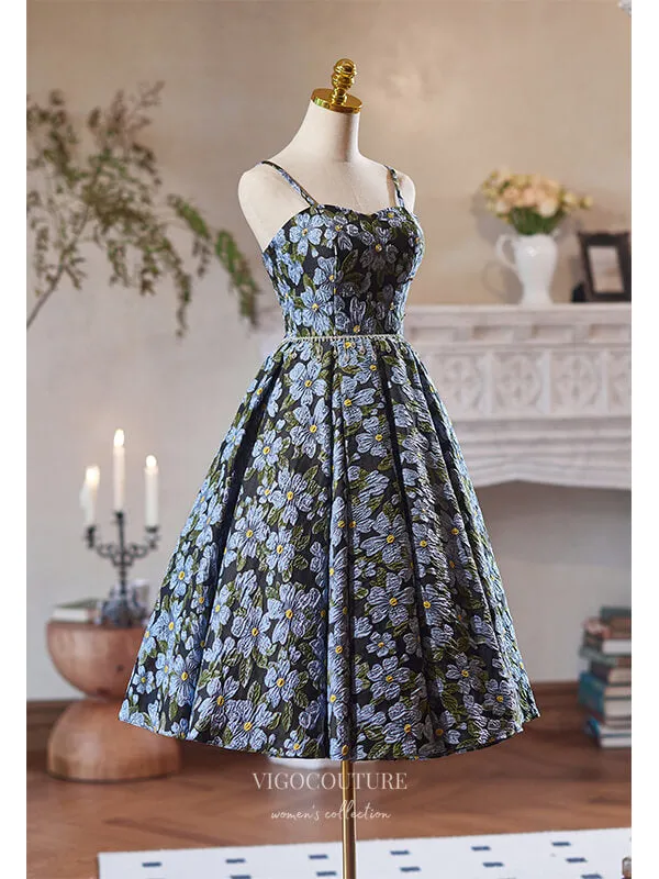 Blue Floral Print Homecoming Dress Spaghetti Strap Graduation Dress hc333