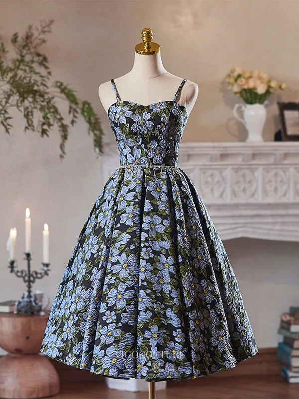 Blue Floral Print Homecoming Dress Spaghetti Strap Graduation Dress hc333