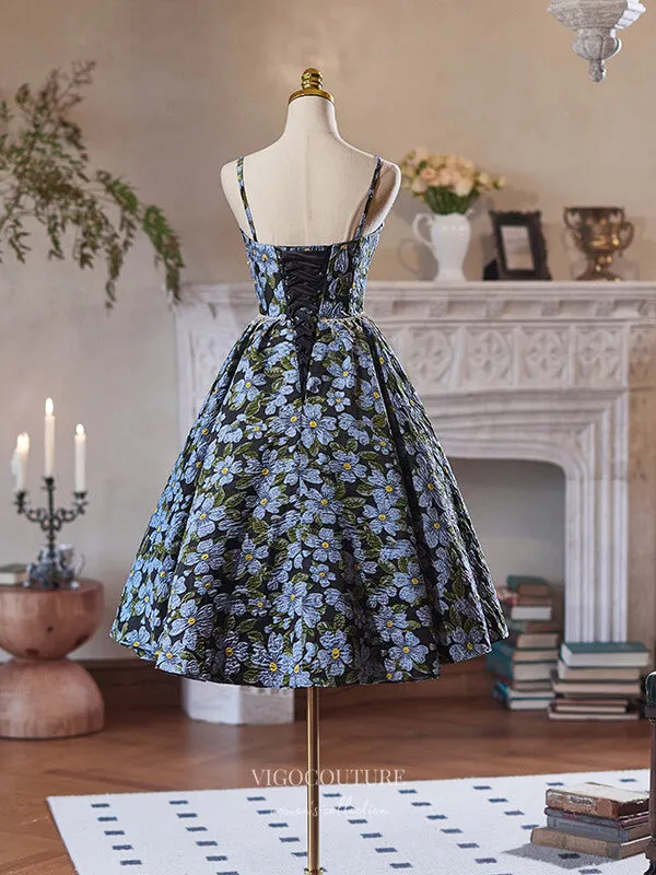 Blue Floral Print Homecoming Dress Spaghetti Strap Graduation Dress hc333