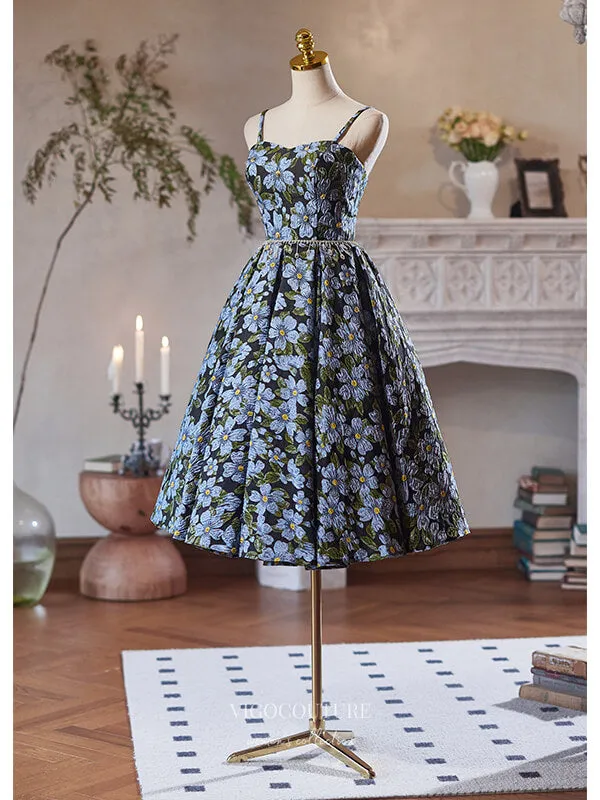 Blue Floral Print Homecoming Dress Spaghetti Strap Graduation Dress hc333