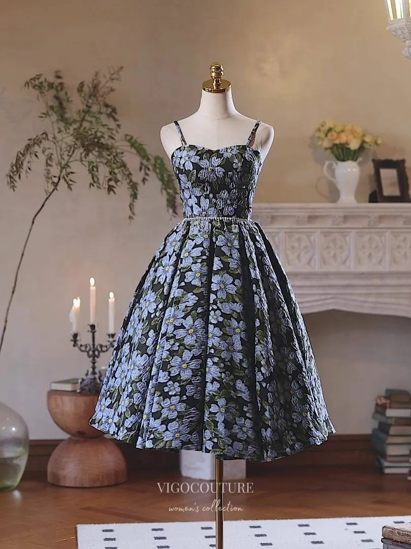 Blue Floral Print Homecoming Dress Spaghetti Strap Graduation Dress hc333