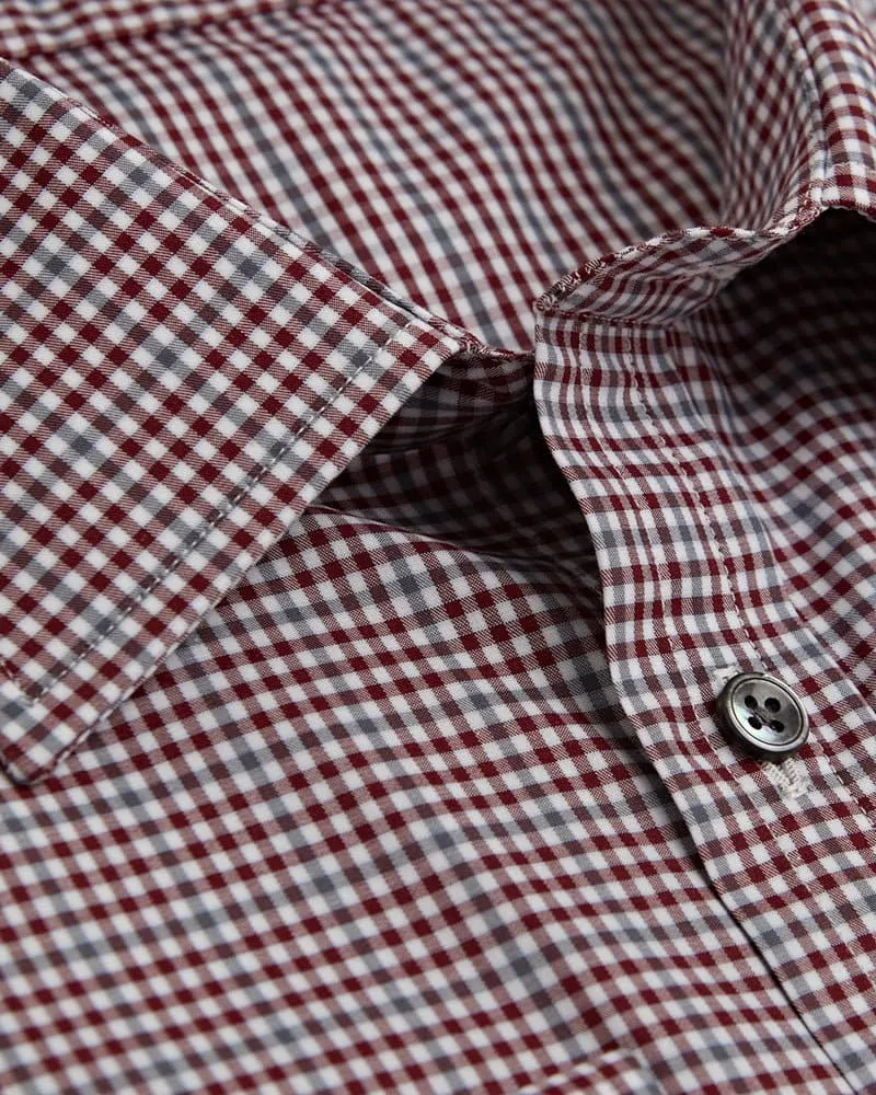 Contemporary Fit, Classic Collar, 2 Button Cuff Shirt in a Wine, Grey & White Check Twill Cotton