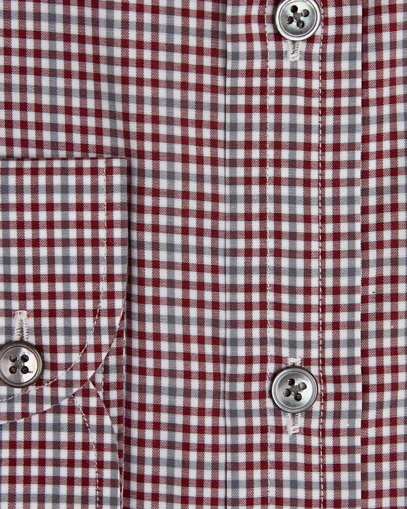 Contemporary Fit, Classic Collar, 2 Button Cuff Shirt in a Wine, Grey & White Check Twill Cotton