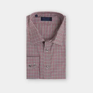 Contemporary Fit, Classic Collar, 2 Button Cuff Shirt in a Wine, Grey & White Check Twill Cotton