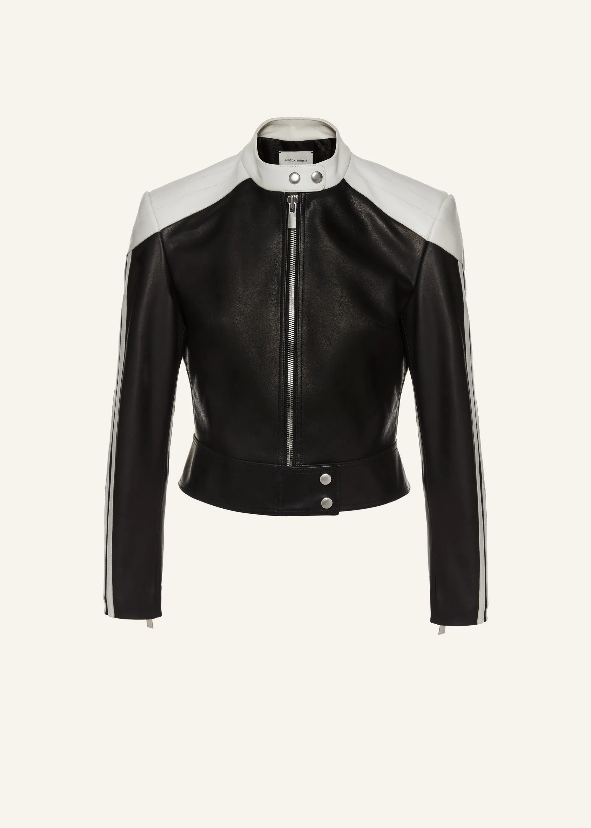 Cropped leather motorcycle jacket in black and white