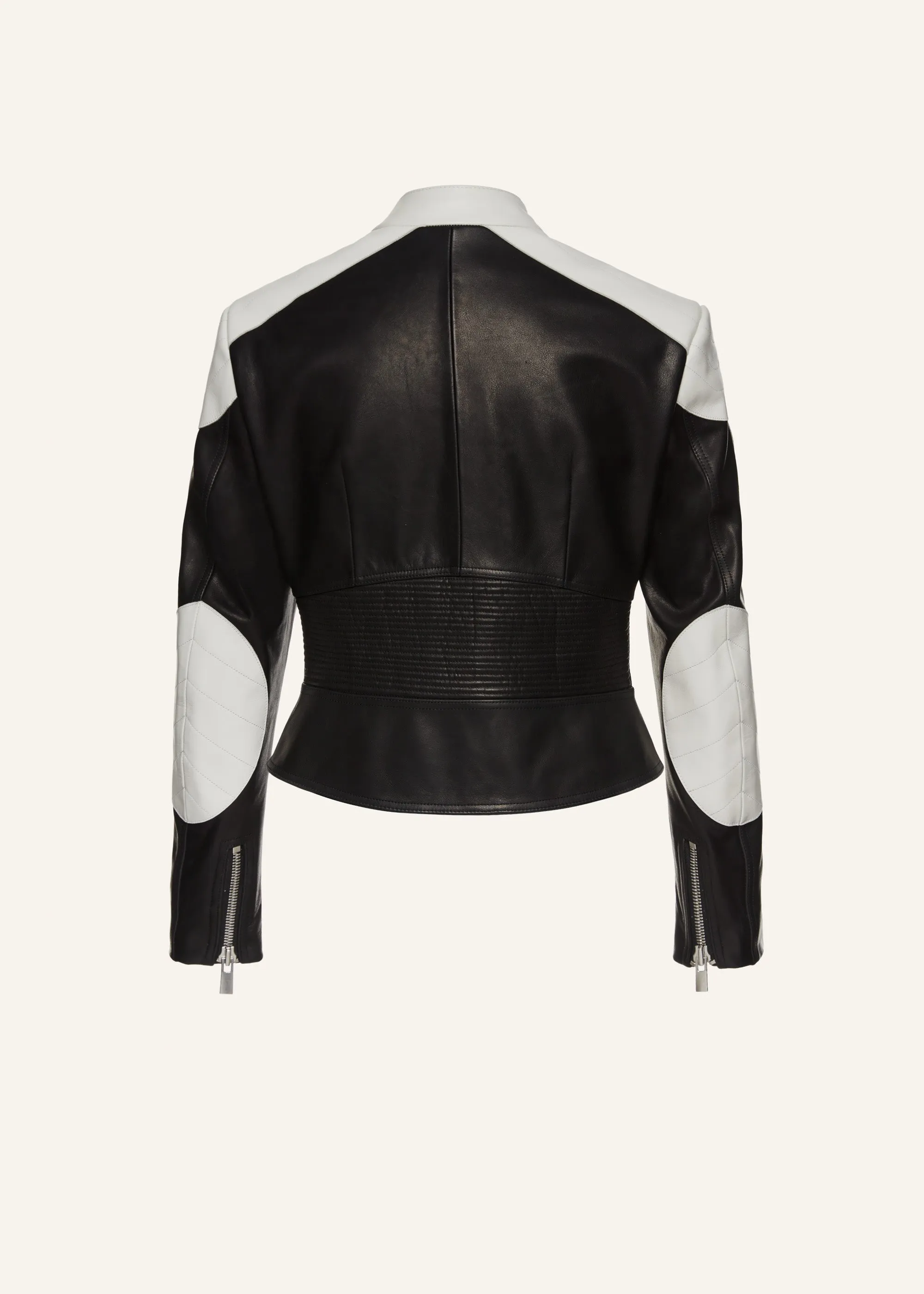 Cropped leather motorcycle jacket in black and white