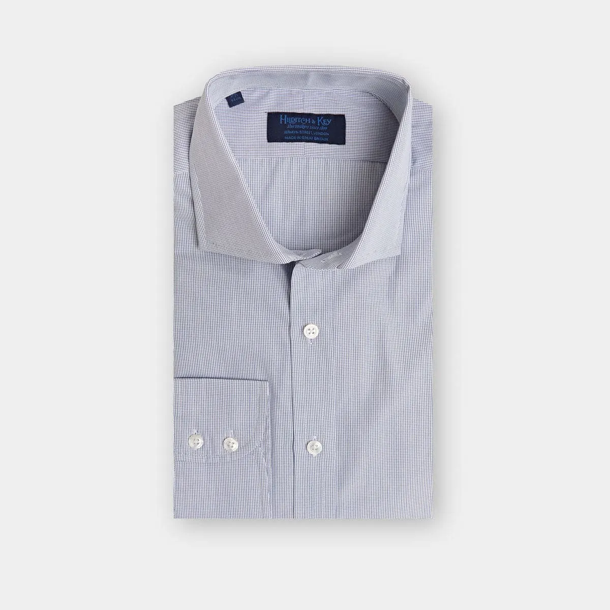 Cut-away Collar, 2 Button Cuff Shirt in a Navy & White Small Classic Check Poplin Cotton