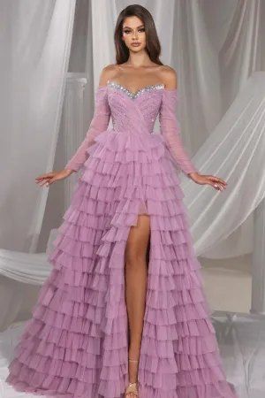 Gorgeous Long Lilac A-line Off-the-shoulder Sequined Tulle Prom Dress with Slit