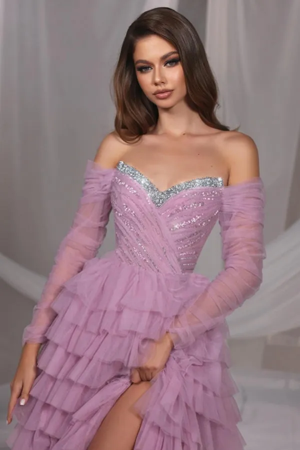 Gorgeous Long Lilac A-line Off-the-shoulder Sequined Tulle Prom Dress with Slit