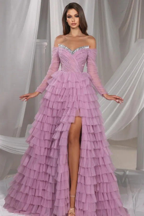 Gorgeous Long Lilac A-line Off-the-shoulder Sequined Tulle Prom Dress with Slit