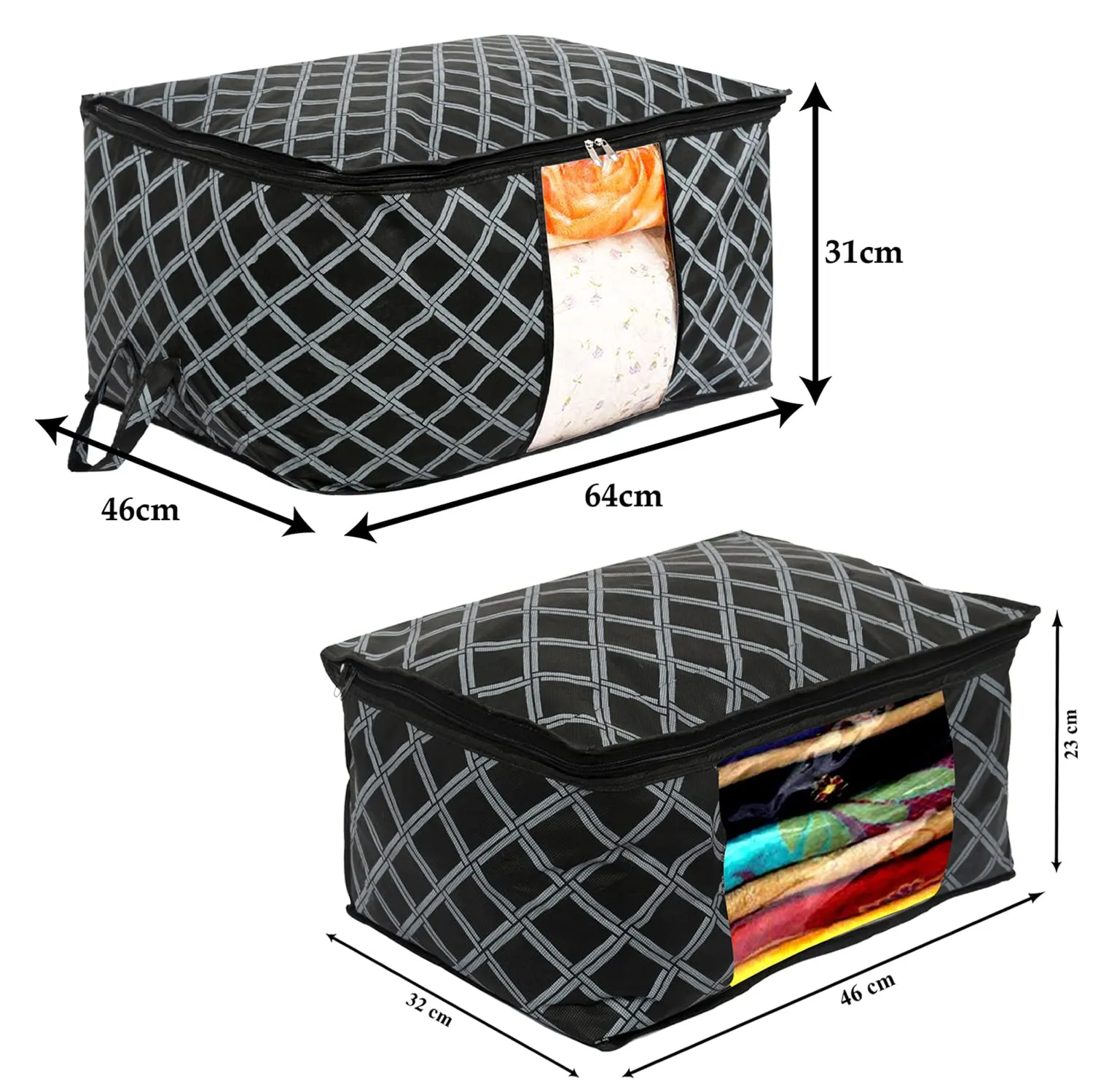 Heart Home Non-Woven Check Print 2 Pieces Underbed Storage Bag & 2 Pieces Saree Cover With Transparent Window, Pack of 4 (Black)