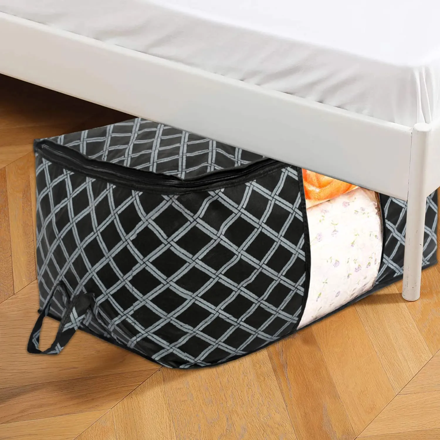 Heart Home Non-Woven Check Print Jumbo Underbed Storage Bag|Clothes Organizer For Clothes, Quilts, Blankets With Handle Pack of 6 (Black)