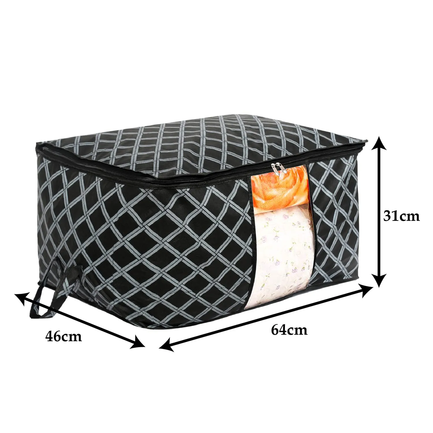 Heart Home Non-Woven Check Print Jumbo Underbed Storage Bag|Clothes Organizer For Clothes, Quilts, Blankets With Handle Pack of 6 (Black)