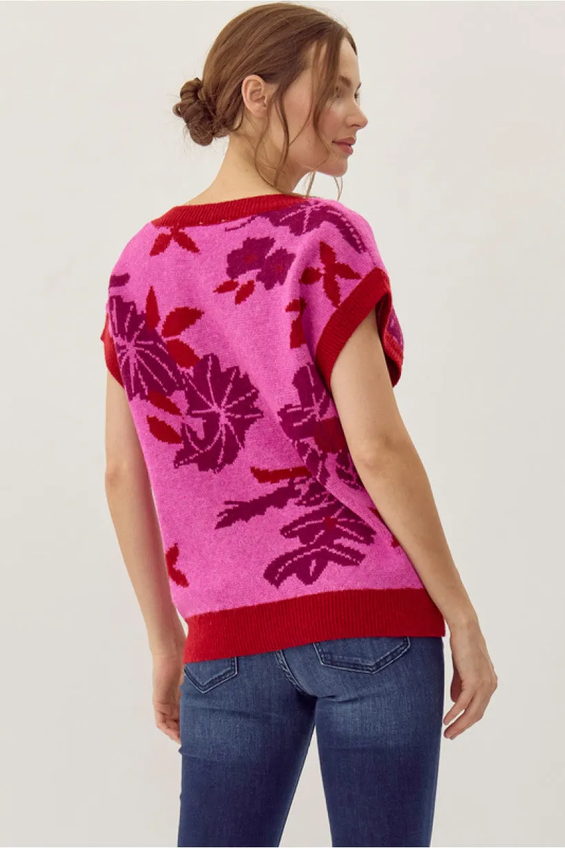 Hot Pink Floral Print Knit Sweater Vest