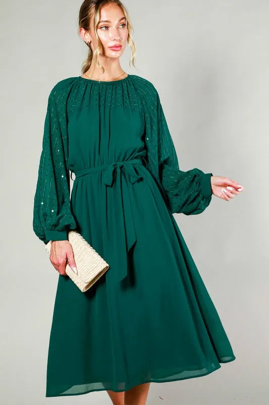 Hunter Green Sequin Detail Tie Waist Midi Dress