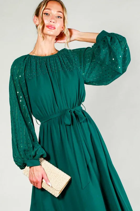 Hunter Green Sequin Detail Tie Waist Midi Dress