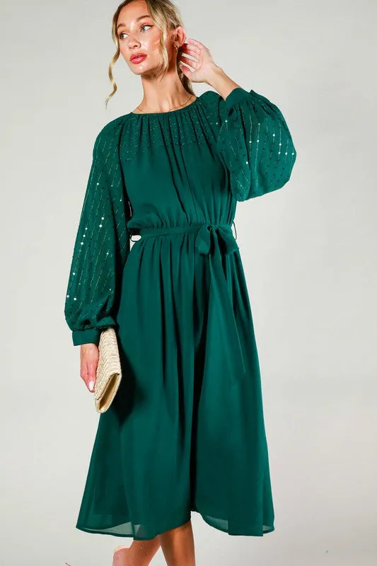 Hunter Green Sequin Detail Tie Waist Midi Dress