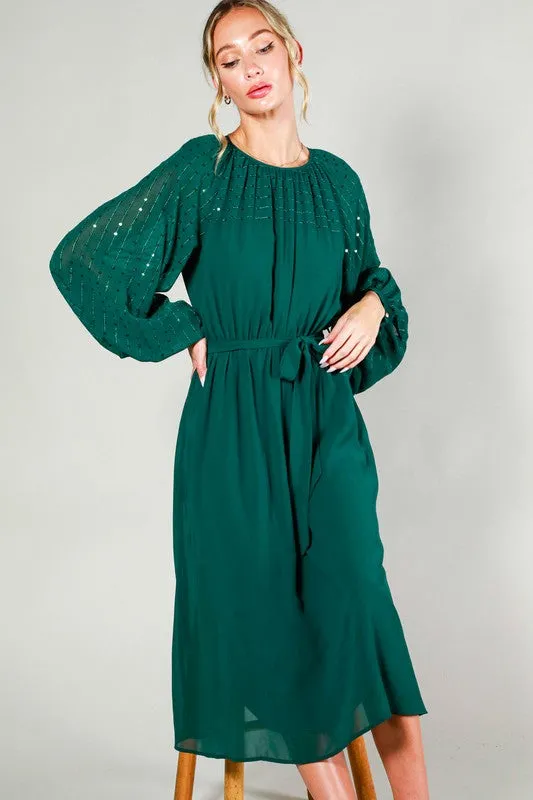 Hunter Green Sequin Detail Tie Waist Midi Dress