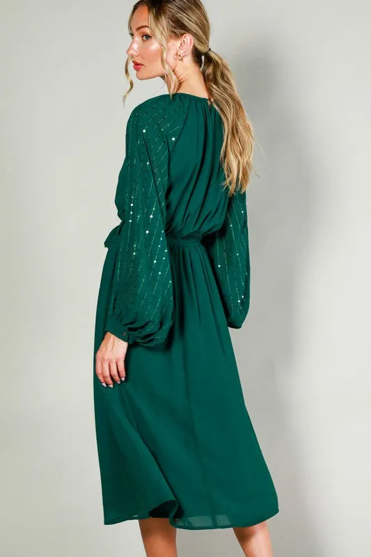 Hunter Green Sequin Detail Tie Waist Midi Dress