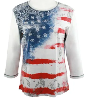 Jess & Jane - Vintage Flag, Cotton Top 3/4 Sleeve Scoop Neck Rhinestone Accents