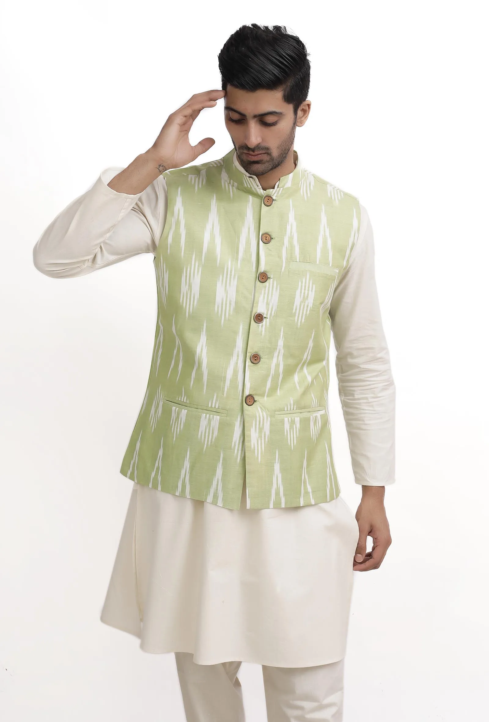 Lemon Green Ikat Nehru Jacket