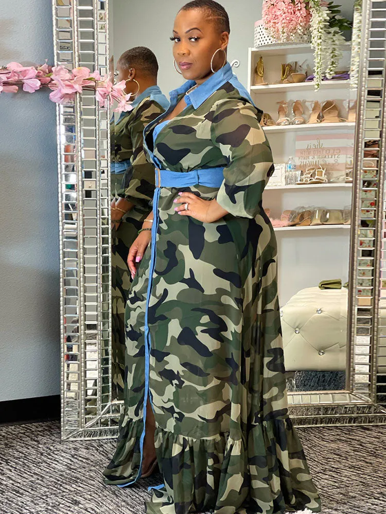 Long Sleeves Camouflage Maxi Dresses