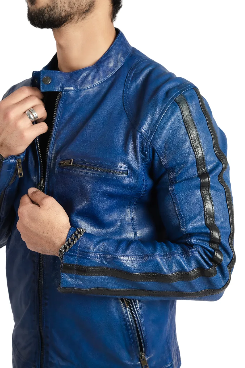 Mens Biker Style Sheep Leather Jacket Electric Blue Racer Jacket - ELM2