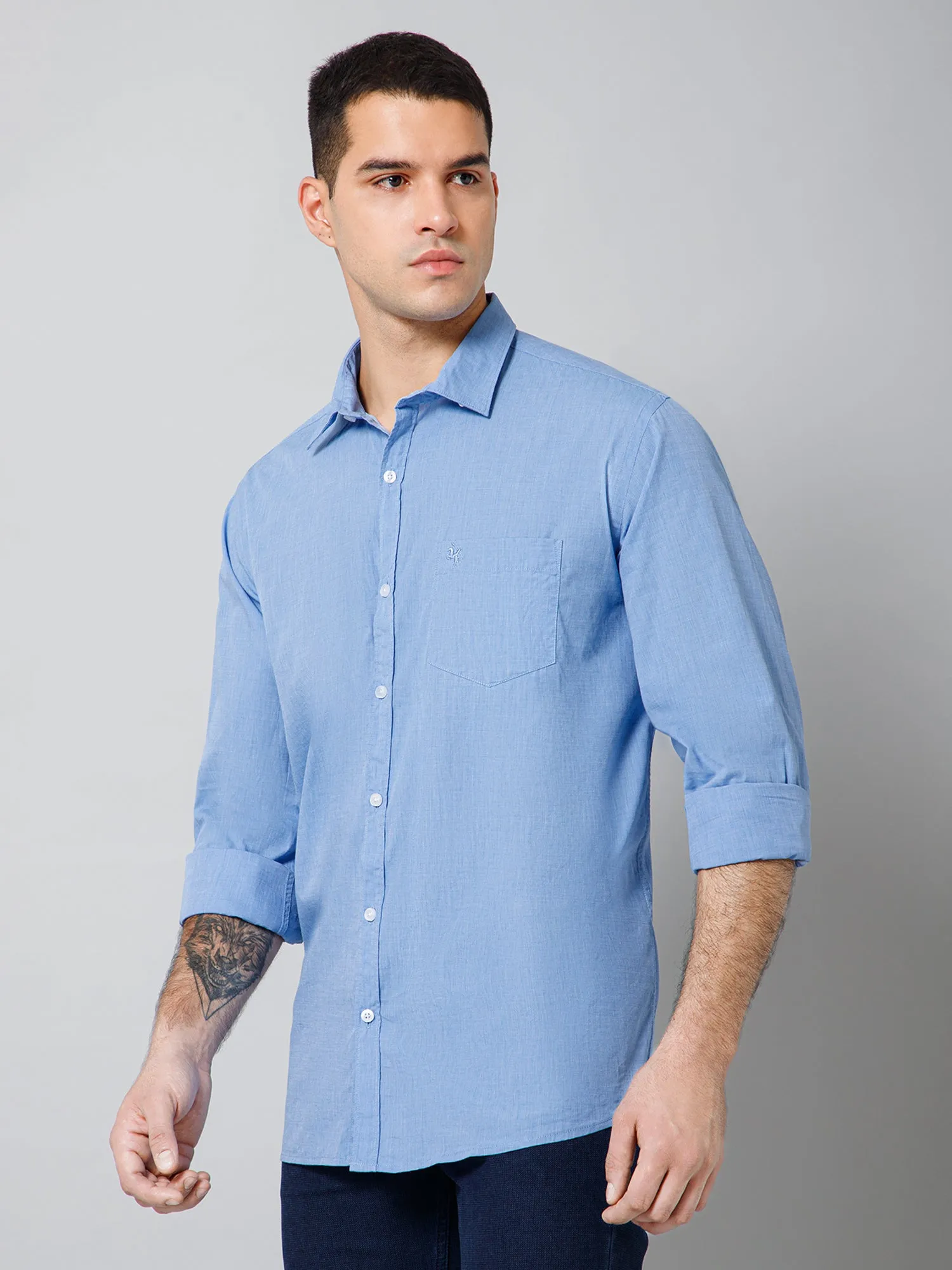 Men's Sky Blue Casual Fil a Fil Plain Full Sleeve Shirt