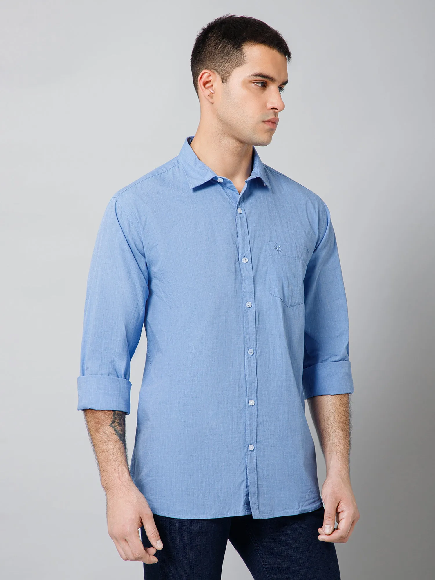 Men's Sky Blue Casual Fil a Fil Plain Full Sleeve Shirt