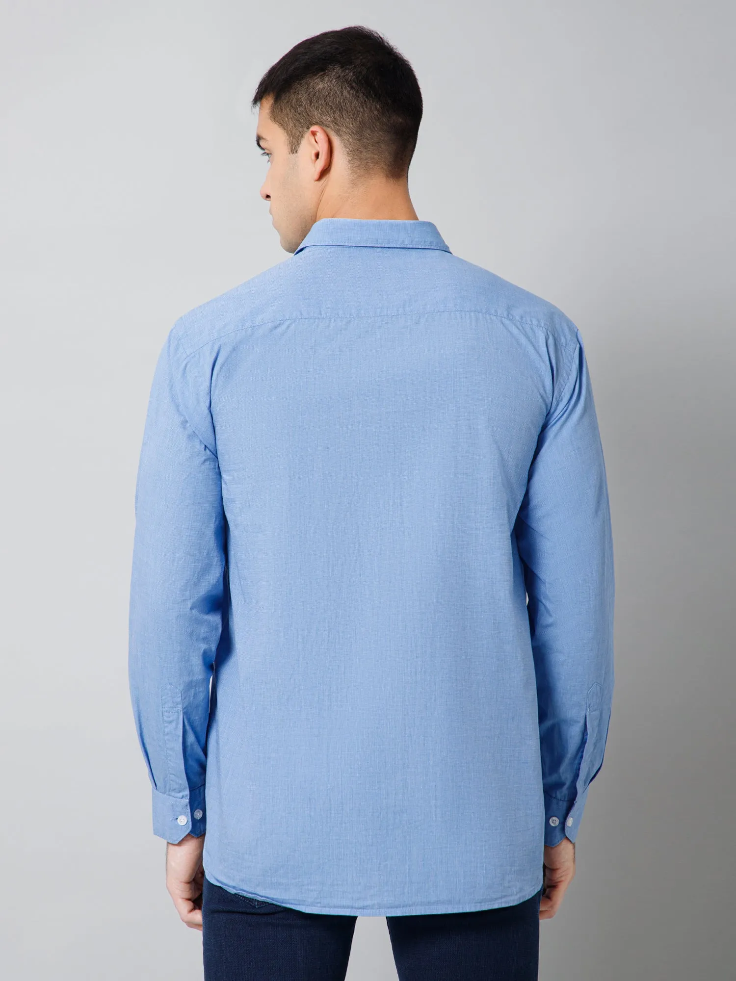 Men's Sky Blue Casual Fil a Fil Plain Full Sleeve Shirt