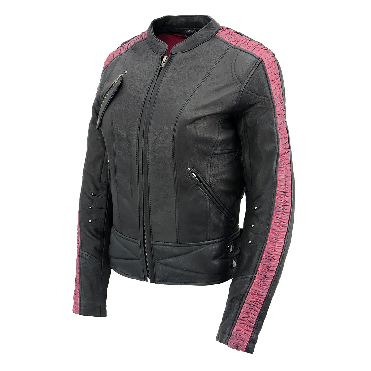 Milwaukee Leather MLL2571 Womens Black and Pink 'Crinkled Arm' Lightweight Racer Jacket