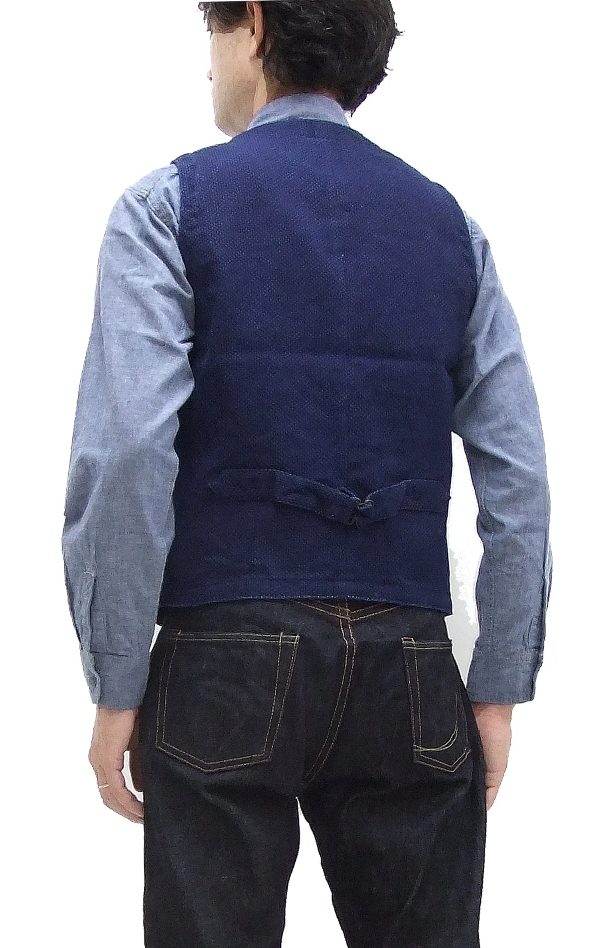 Momotaro Jeans Indigo Sashiko Vest Men's Casual V-neck Button Front Work Vest Waistcoat 04-010