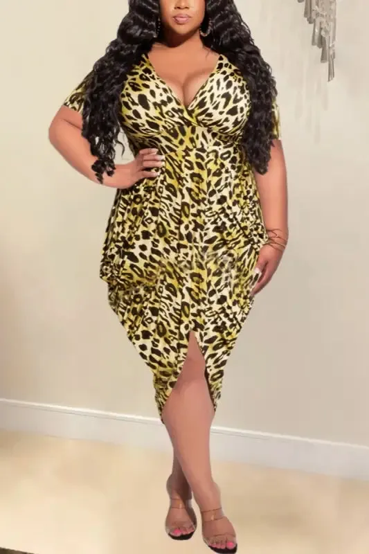 Plus Size Deep V-neck Leopard Print Tulip Hem Midi Dress