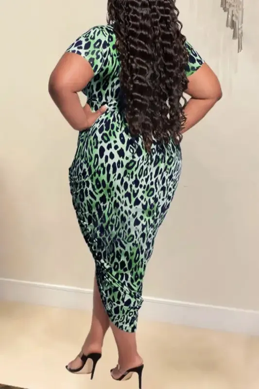 Plus Size Deep V-neck Leopard Print Tulip Hem Midi Dress