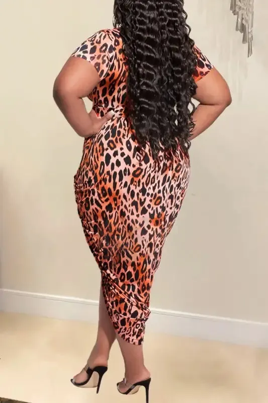 Plus Size Deep V-neck Leopard Print Tulip Hem Midi Dress