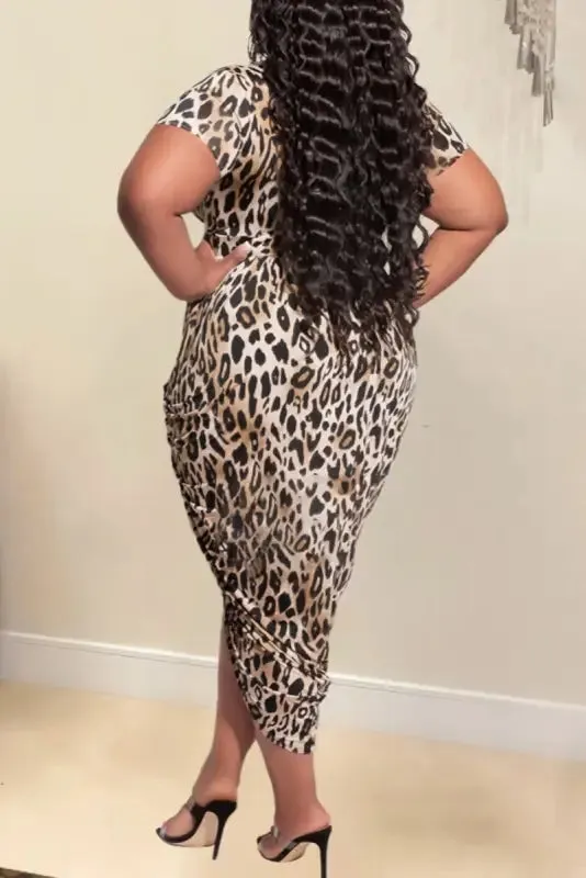 Plus Size Deep V-neck Leopard Print Tulip Hem Midi Dress