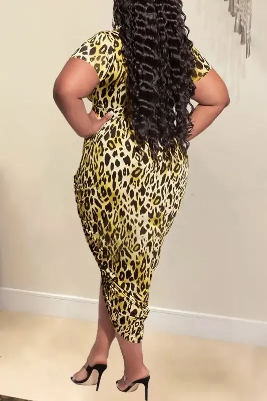 Plus Size Deep V-neck Leopard Print Tulip Hem Midi Dress