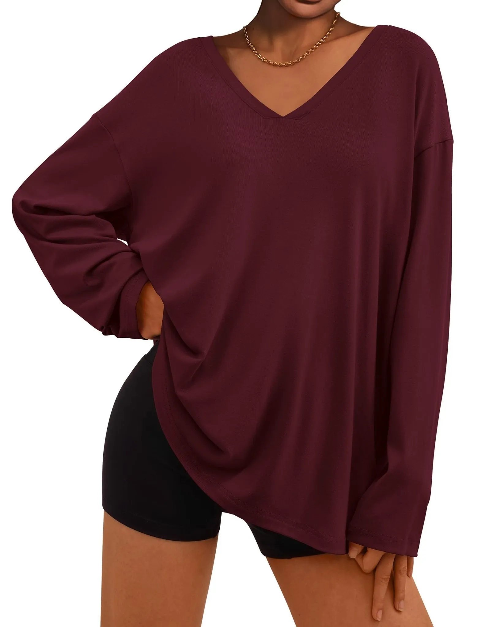 PRETTYGARDEN Women's Basic T Shirts Casual Long Sleeve V Neck Loose Fit Plain Tunic Tees Tops Blouse (Wine Red,Large)