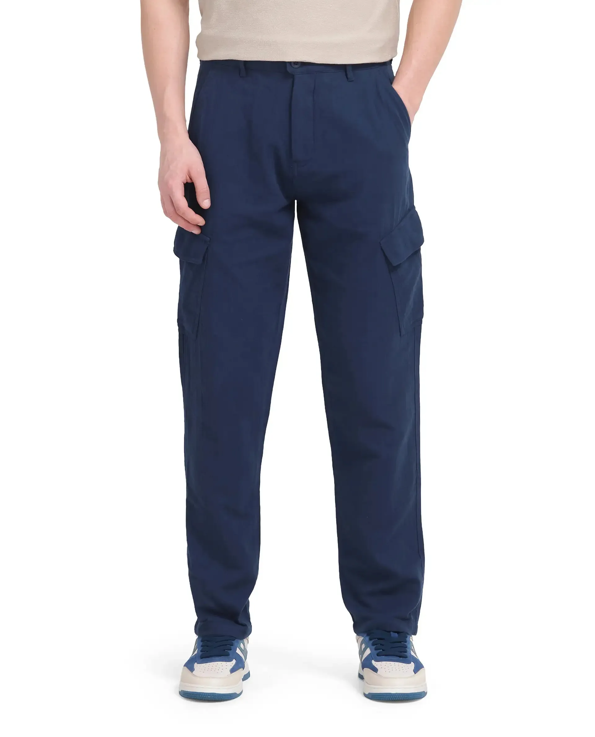 Rare Rabbit Men Presso-25 Dusky Blue Cotton Elastane Fabric Button And Zip Closure Relaxed Fit Plain Trouser