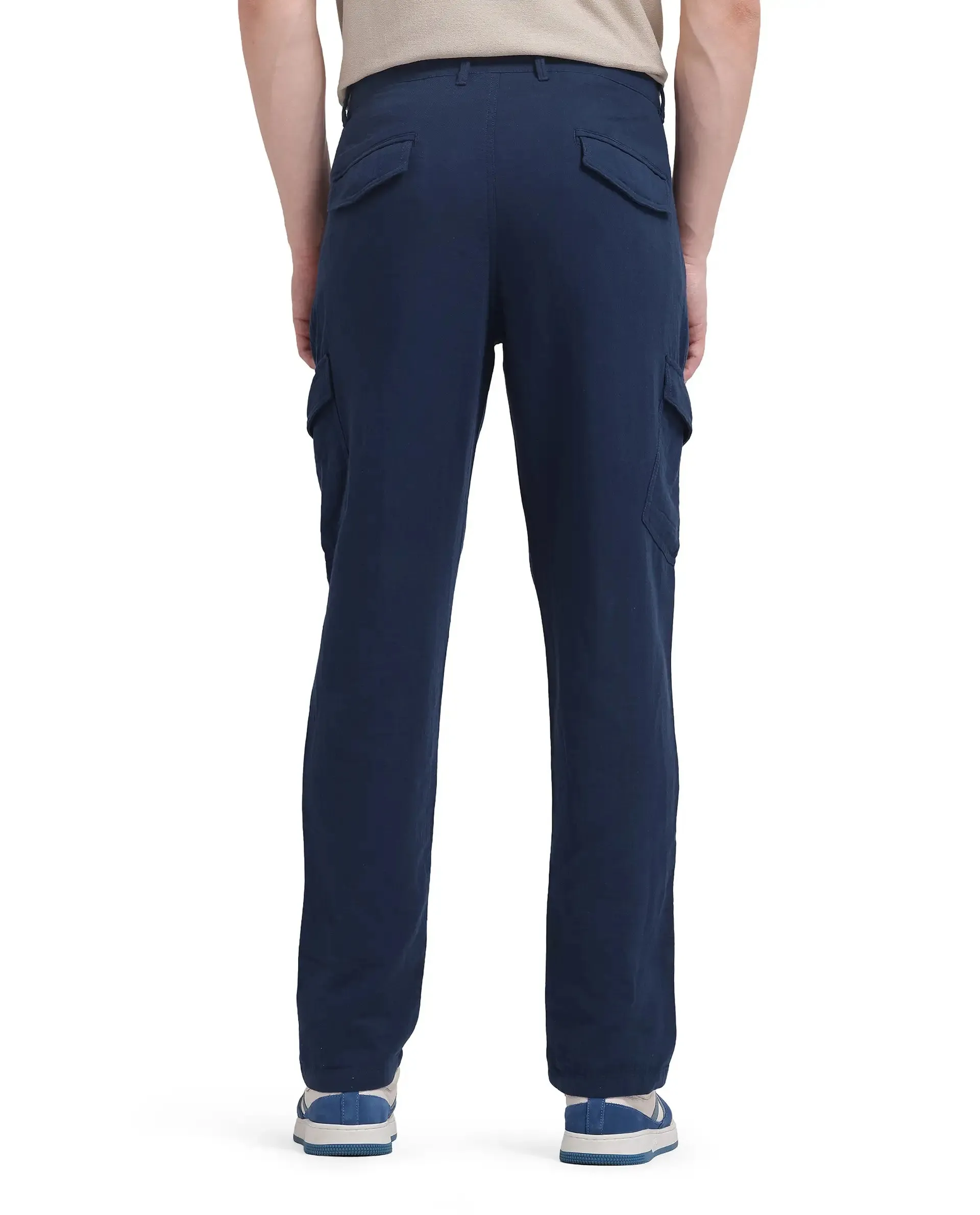 Rare Rabbit Men Presso-25 Dusky Blue Cotton Elastane Fabric Button And Zip Closure Relaxed Fit Plain Trouser