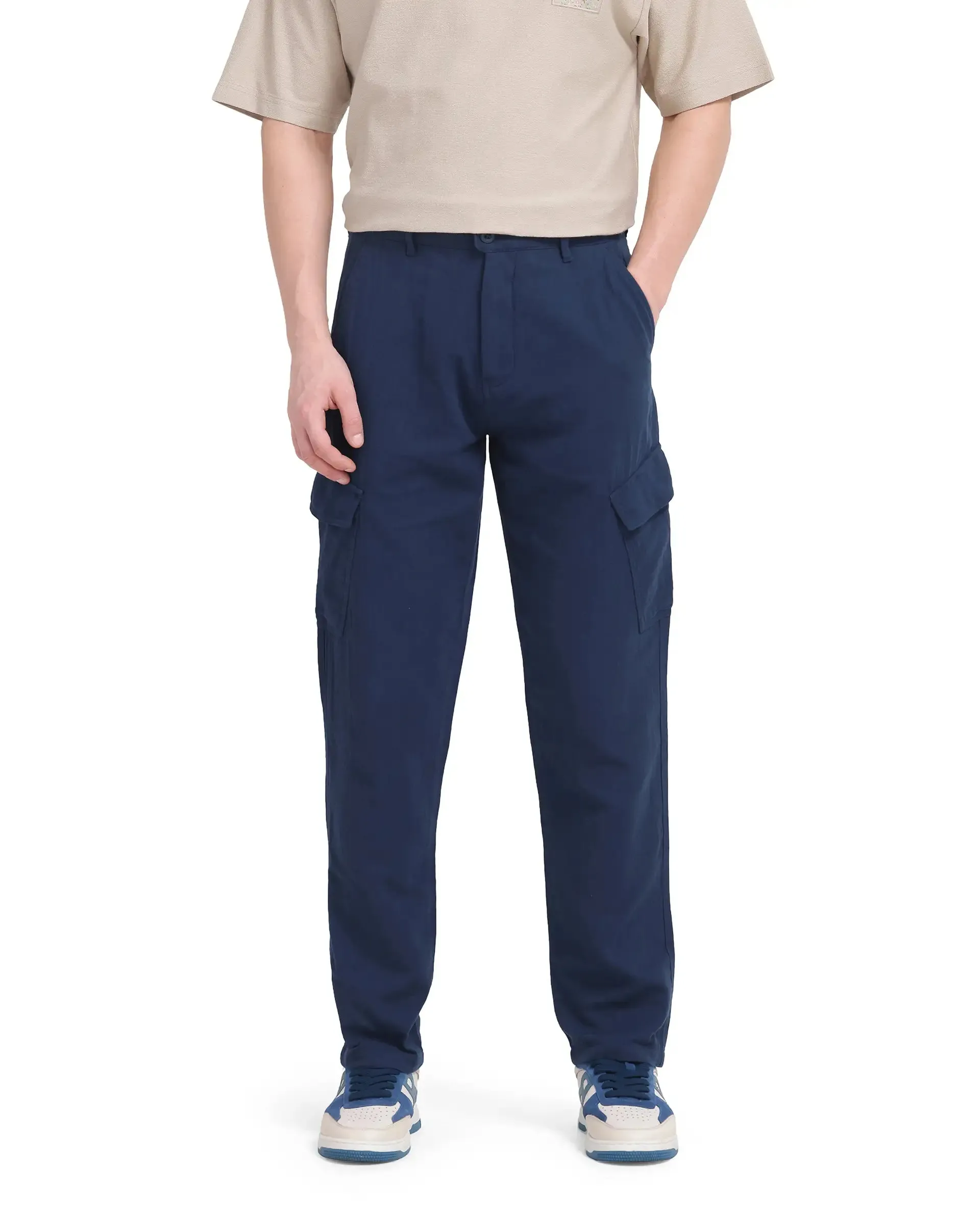 Rare Rabbit Men Presso-25 Dusky Blue Cotton Elastane Fabric Button And Zip Closure Relaxed Fit Plain Trouser