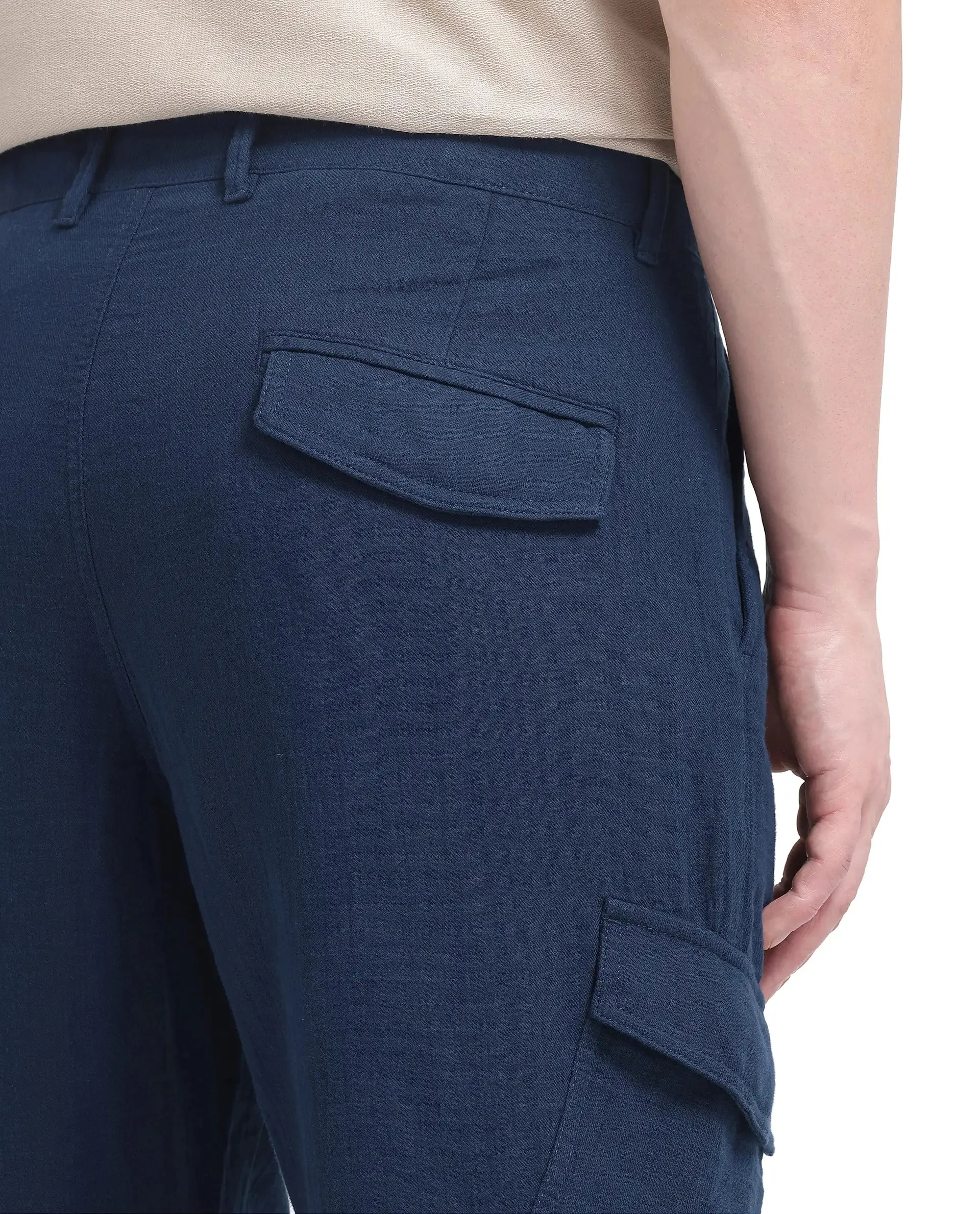 Rare Rabbit Men Presso-25 Dusky Blue Cotton Elastane Fabric Button And Zip Closure Relaxed Fit Plain Trouser