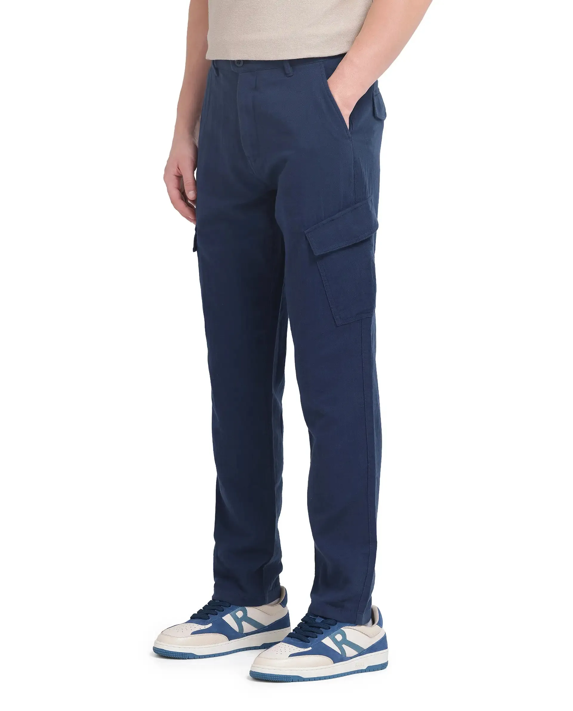 Rare Rabbit Men Presso-25 Dusky Blue Cotton Elastane Fabric Button And Zip Closure Relaxed Fit Plain Trouser